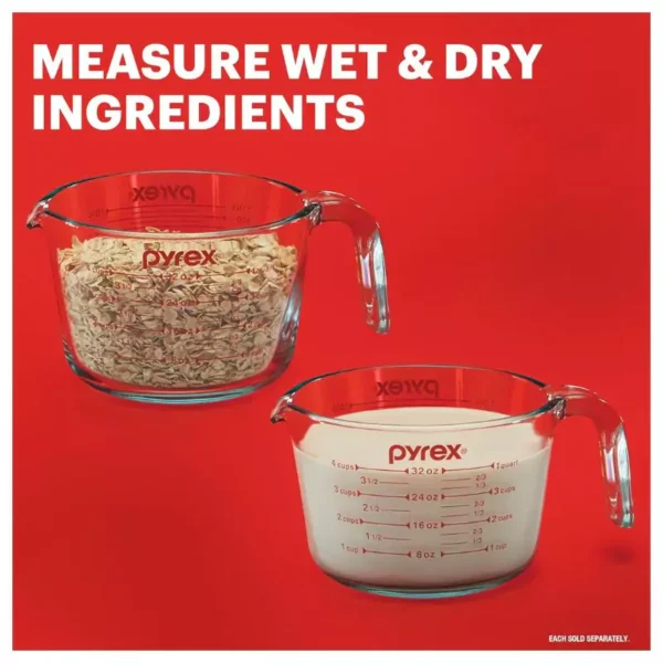 Pyrex Essentials (3-Pack) Glass Measuring Cups Set, (1, 2 & 4 Cup) Measuring Cups For Prepping, Baking and Cooking, Preheated Oven, Dishwasher, Freezer, and Microwave Safe - Image 3