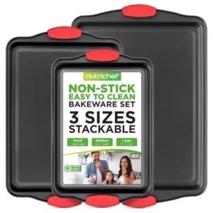 NutriChef 3-Piece Nonstick Kitchen Oven Baking Pans - Premium & Stylish Non-Stick Steel, Commercial Grade Restaurant Quality Metal Bakeware with Red Silicone Handles - Easy to Clean, NCSBS3S